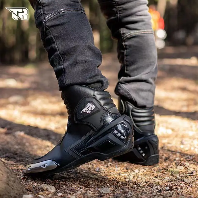 TR Black Boots Motorcycle Racing Anti-fall Reflective Riding Anti-collision  Off-road Rally Leather 4 Seasons Non-slip Shoes