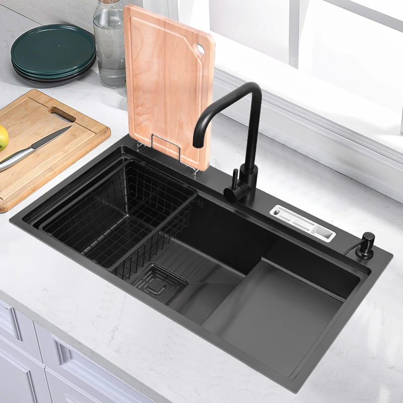 

Nano black high and low step sink large single tank 304 stainless steel kitchen sink thickened under the counter single basin