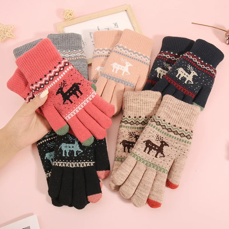 1 Paar zufällig farbige, verdickte und mit Fleece gefütterte gestrickte Touchscreen-kompatible Rentierhandschuhe, warme Winterhandschuhe für Männer und Frauen, geeignet zum Radfahren im Freien,