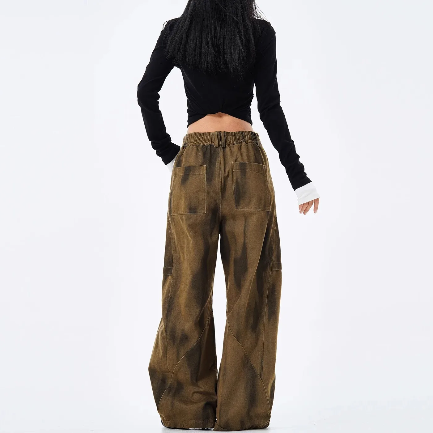 تصميم العلامة التجارية الرجعية العصرية مطوي القذرة مصبوغ وزرة الرجال والنساء الشارع الأمريكية المتخصصة فضفاضة السراويل القديمة غير رسمية