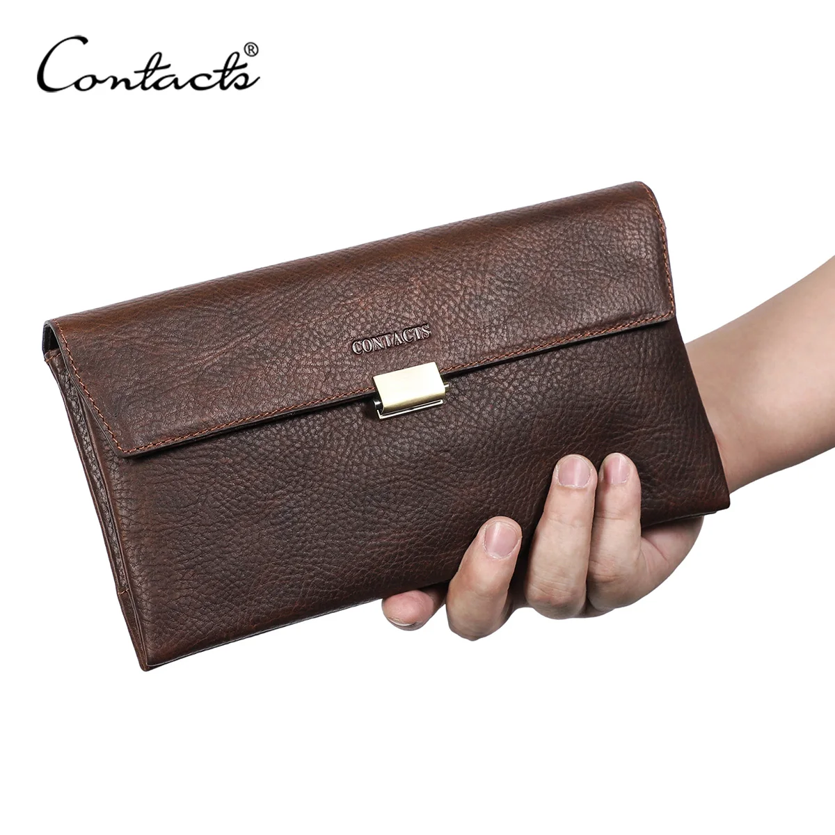 CONTACT'S Genuine Leather Men's Clutch Bag, Zipper Wallet with Card Holder & Phone Pocket, Wristlet Handbag for Daily Carry