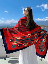 New Summer Elegant Women Silk Scarf Beach Wrap Shawl Vintage Red Print Lady Sunscreen Bandana Long Hijab Mujer Boho Scarve Pareo