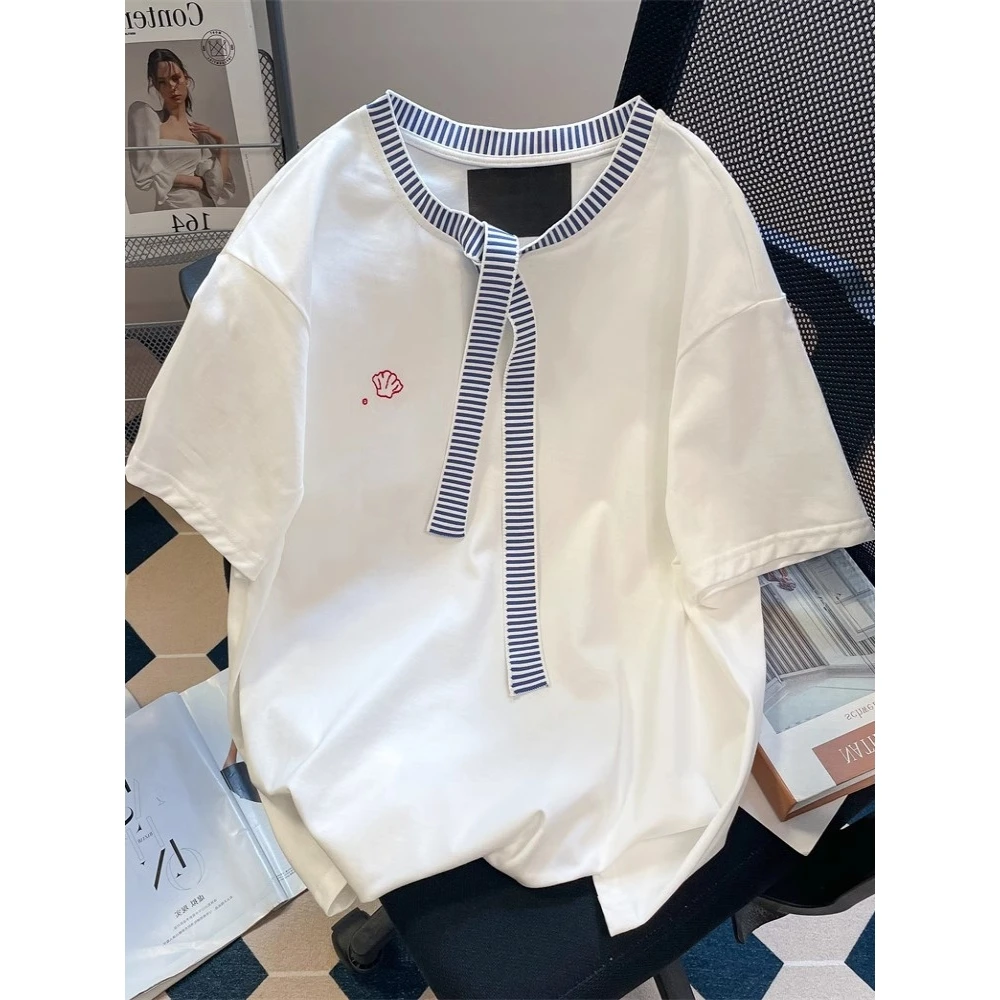 

Off Summer Pure Cotton Striped Patchwork Tie ort Sve Women's Top oulder Width Regular Fit round Ne T-irt