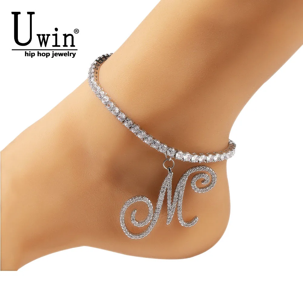 

Uwin Tennis Anklet With Cursive Letter 4mm Iced Out Link Brush Font Bling Bling Hip Hop Jewelry For Women Men