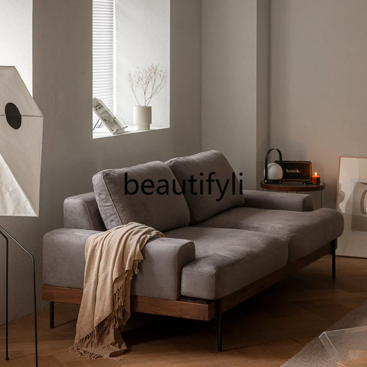 

Cy56 a26 Fabric sofa Solid wood living room Nordic three-person Japanese simple removable and washable black walnut sofa