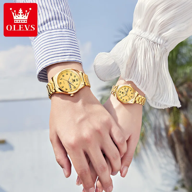 OLEVS-Relógio Casal Luxo Dourado para Homem e Mulher, Aço Inoxidável, Impermeável, Amantes, Quartzo, Semana, Calendário, Moda