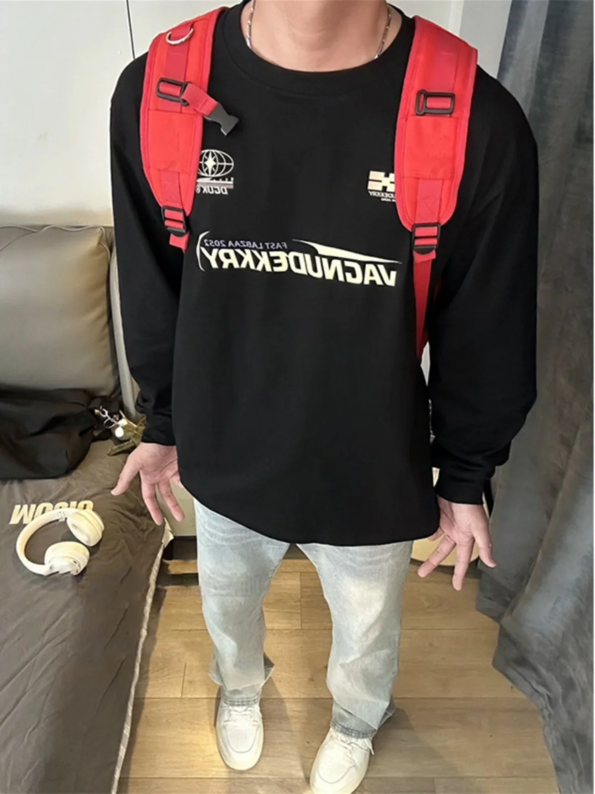 Camiseta de Manga Longa Estilo Americano com Corte Solto, Gola Redonda, Suéter Estampado, Roupas Casuais para Treinamento Mas...