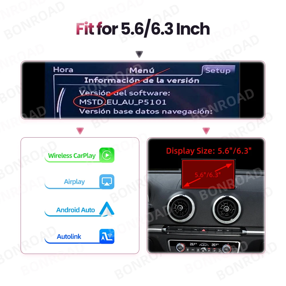 Bonroad Draadloze Carplay Android Auto Adapter Voor Audi A3 8V 2013-2018 Spiegel Link Airplay Bluetooth Gps Navigatie