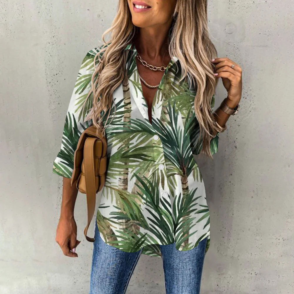 Summer Women's Hawaiian Shirts Flamingo Print Beach Party Shirts Button Down Fashion Long Sleeve Shirts Oversized Streetwear