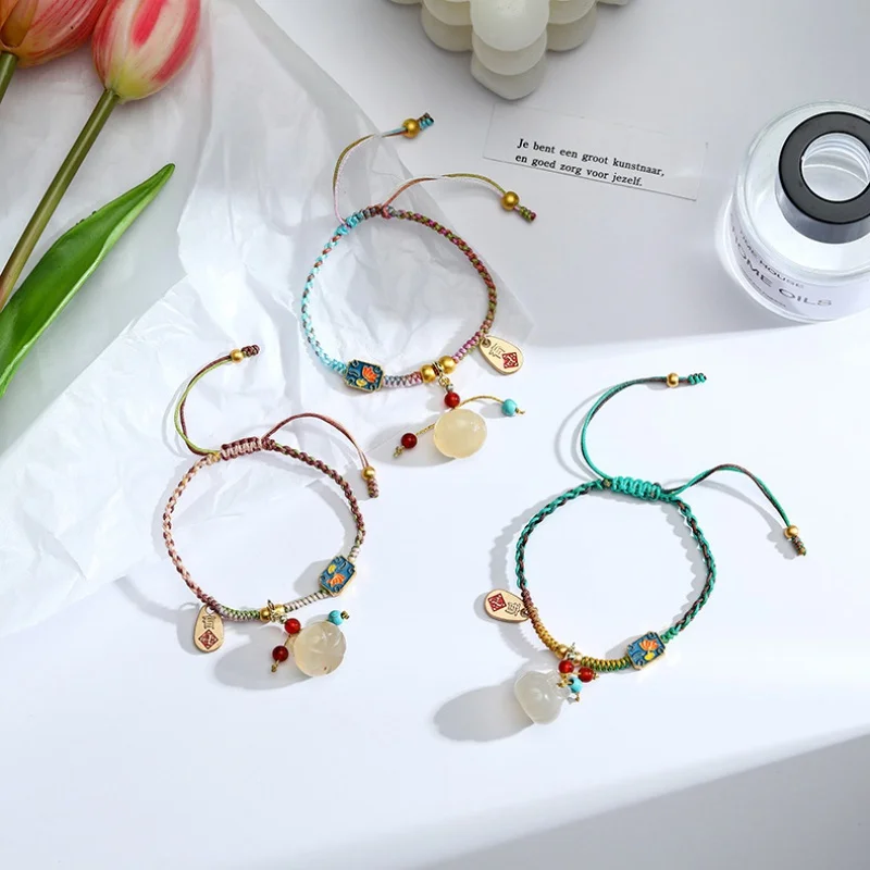 Chinese Style Retro Colorful Woven Hand Strap Birth Year Alluvial Gold Pendant Couple Bracelet Birthday Gift