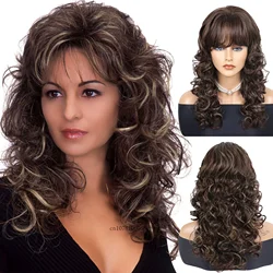 Synthetic Women's Long Curly Wig with Bangs Fluffy Wavy Brown Mix Blonde Highlight Wigs Charming Lady Mommy Wig Daily Cosplay