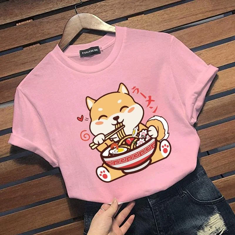 Cute Shiba Inu Eating Ramen T-Shirt Anime Lovers Men\'s and Women\'s Casual Shirt Funny Shiba Inu Personalized Shirt Top