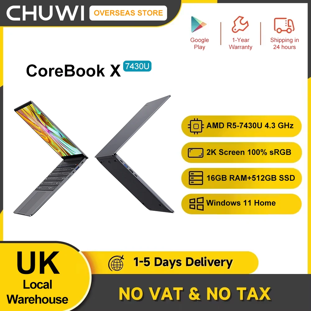 CHUWI Laptop CoreBook X AMD R5 7430U  Win11 14-inch Gaming Computer 2K Display 65W Fast Charge 16GB LPDDR5 512GB SSD Portable PC