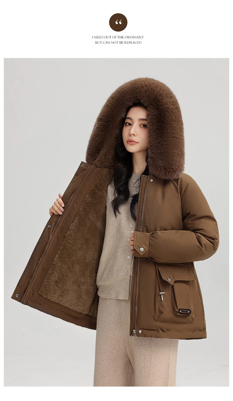 Winter New Warm Down Cotton Jacket with Large Fur Collar Hooded Coat Loose Women Thicken Parker Puffer Overcoat Casual Wear
