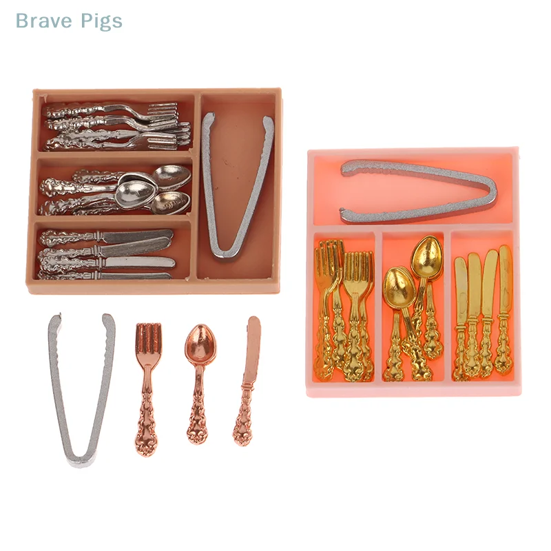 1Set Mini Fork Knife Clips Spoon Tableware With Storage Box 1:12 Dollhouse Decor Accessories