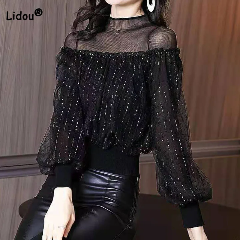 

Spring Autumn Elegant Fashion Mesh Spliced Tops Women's Clothing Korean All-match Long Sleeve Solid Bright Silk Tops for Female