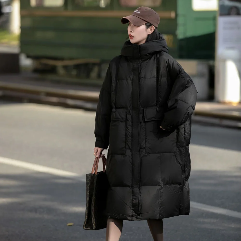 Women\'s Winter Coats 2024 Solid Color Long Down Coats Hooded Vintage Thick Warm 90% White Duck Down Oversize Woman Coat