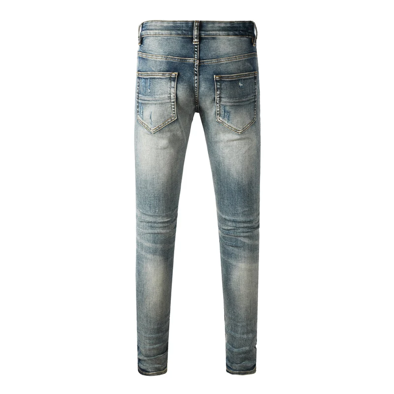 Fashionable new light blue men's jeans, washed with water, nostalgic perforated patch, elastic slim fit jeans, hip-hop brand pan