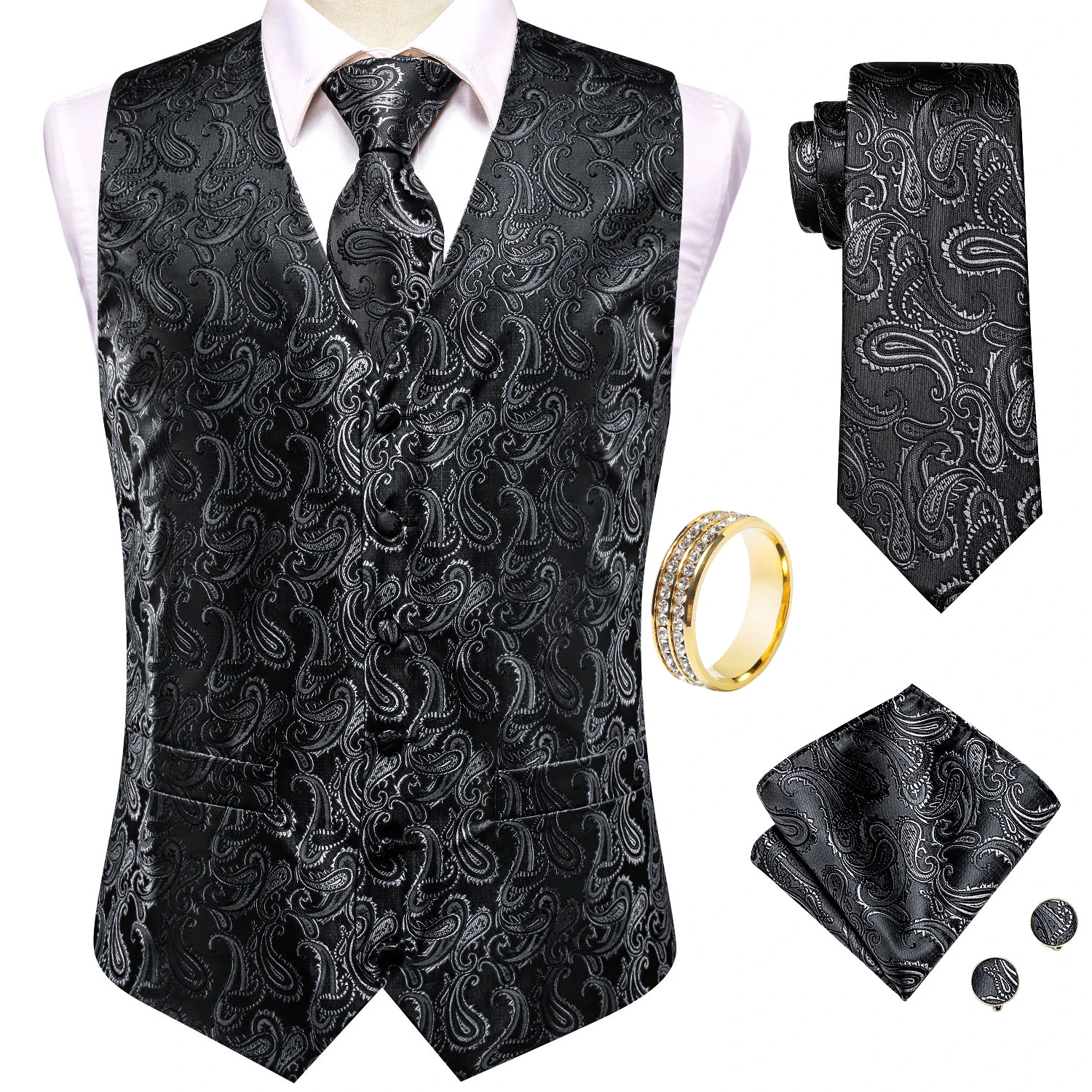 Black Silver Subtle Paisley V-Neck Vest Accessory Kit Tie Pocket Square Cufflinks Ring For Business Annual Ceremony