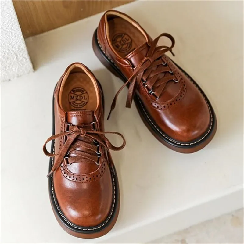 

Women Ribbon Lace Up Oxford Shoes Genuine Split Leather Brogues 2024 New Arrival Retro Ladies Flats Zapatos De Mujer