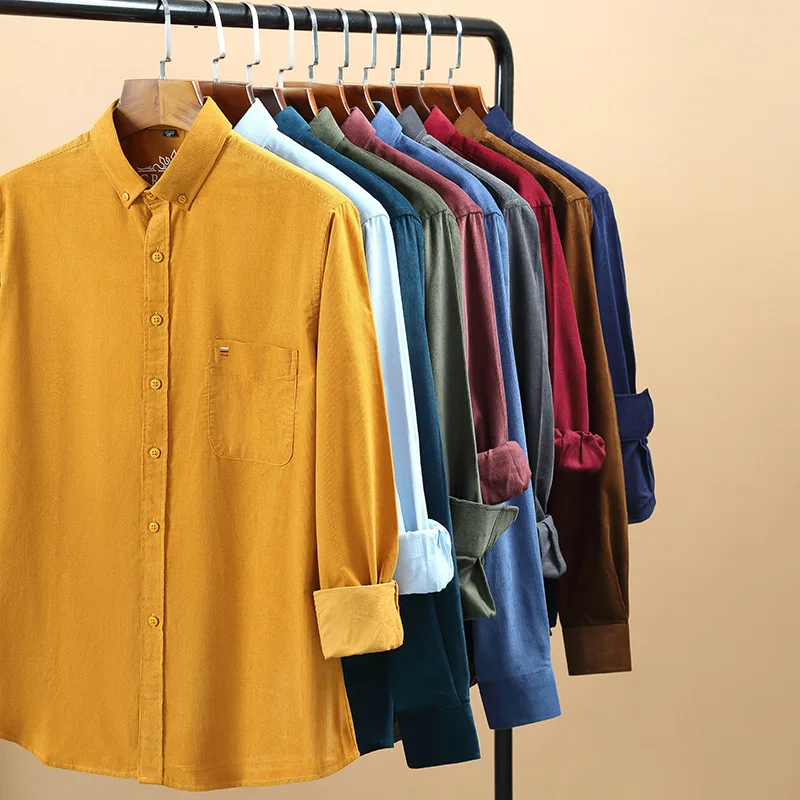 Plus Size S~7XL Cotton Mens Corduroy Shirts Long Sleeved For Male Dress Shirt Solid Casual Regular Fit Comfortable Clothes