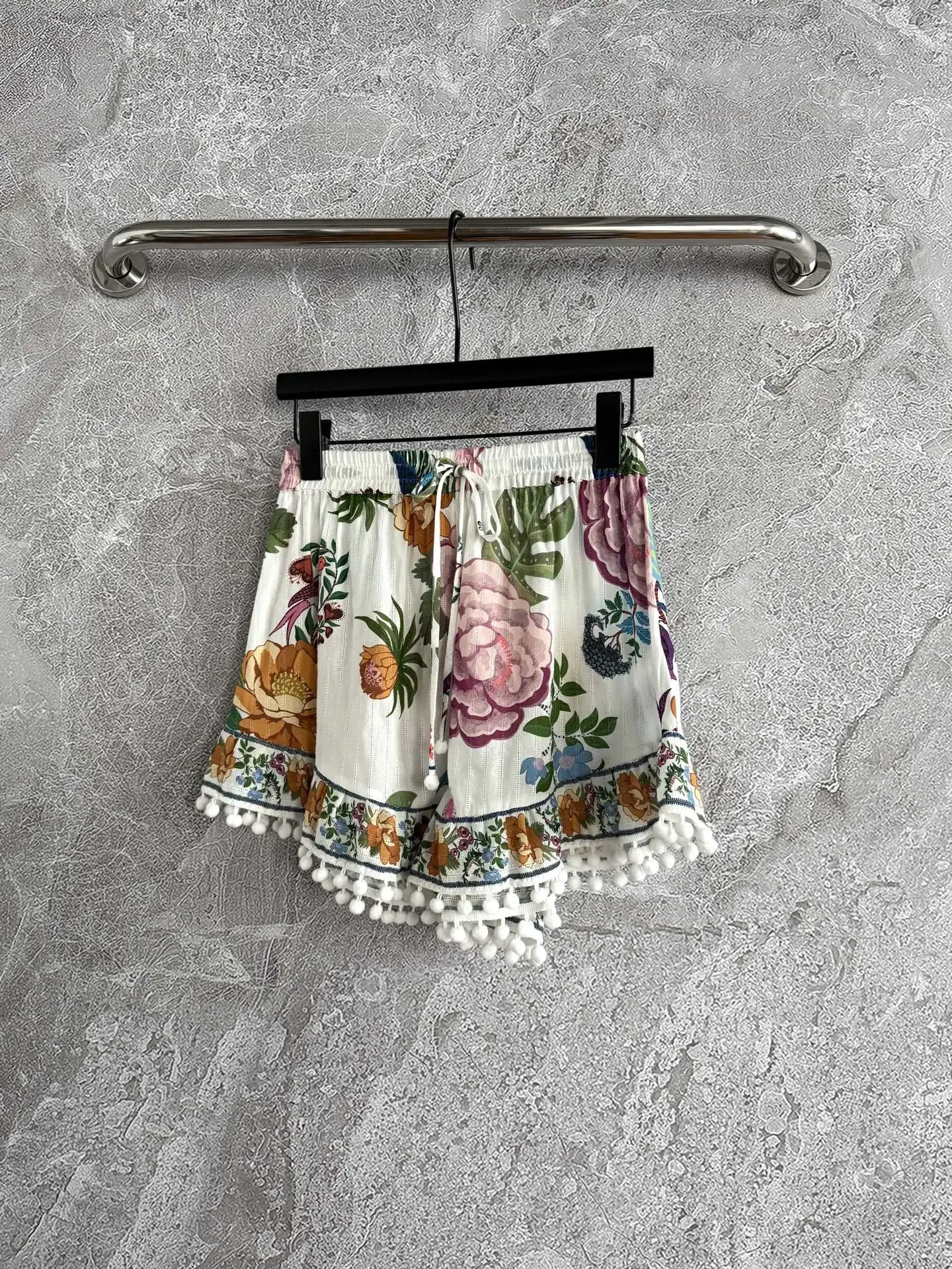 

Flower Print Women 100% Cotton Shorts Tassel Knot Decoration Elastic Waist Casual Female Short Pants