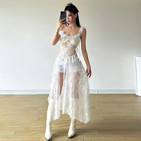 Lace Patchwork Sheer Camis Dress Women French Irregular Sexy Dress Fashion Streetwear Hollow Out Ruffles Spaghetti Strap Vestido