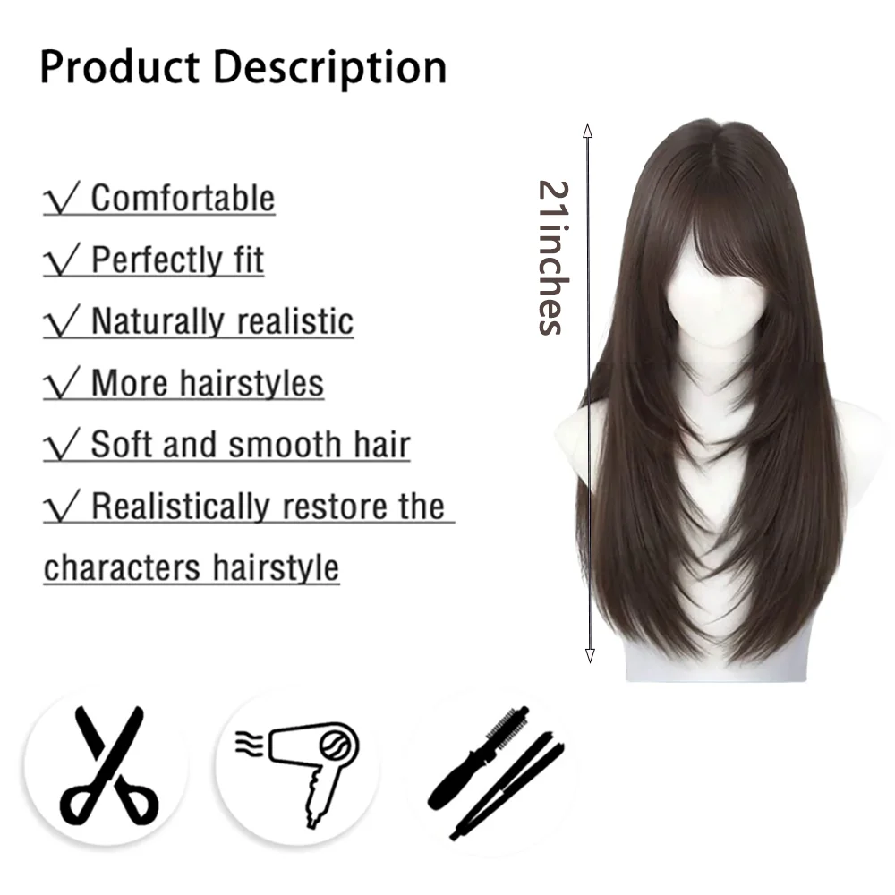 Brown Black Long Straight Layered Wig Natural Looking Heat Resistant Synthetic Hair With Bangs For Women Daily Cosplay Party