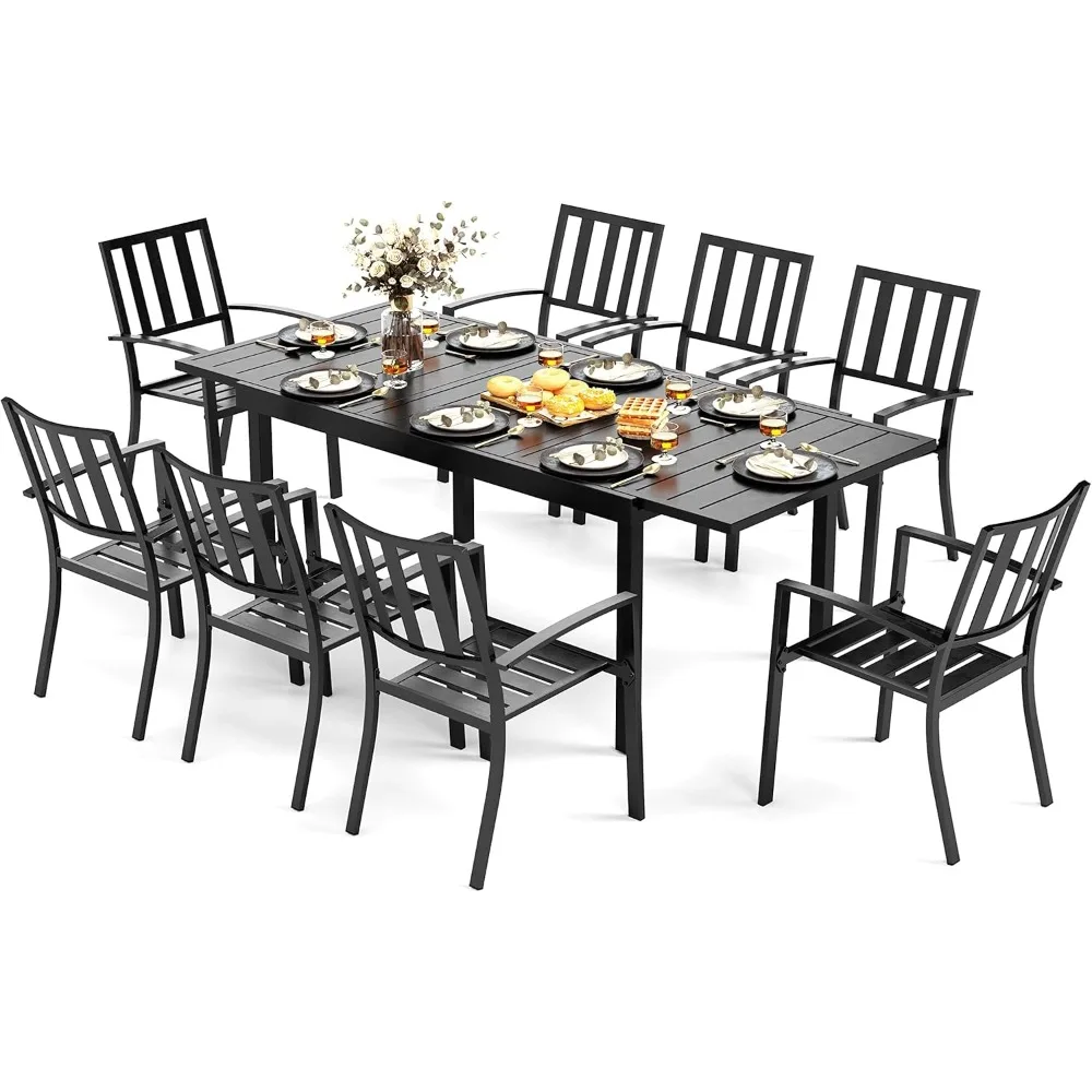 9 PCS Patio Metal Dining Sets,Outdoor Furniture Sets with 8 Steel Slat Stackable Chairs and 1 Rectangular Expandable Table for