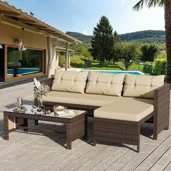 Wicker Patio sectional Sets 3-Piece, All Weather Wicker Rattan Patio Seating Sofas with Glass Coffee Table and Cushion