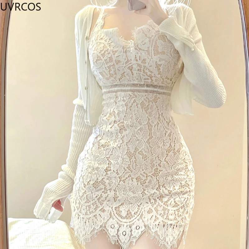 2024 Autumn Elegant Lace Lolita Dress Suit Woman Sweet Casual Short Cardigan Sexy Slim Y2k Mini Skirt Korean Fashion 2 Piece Set