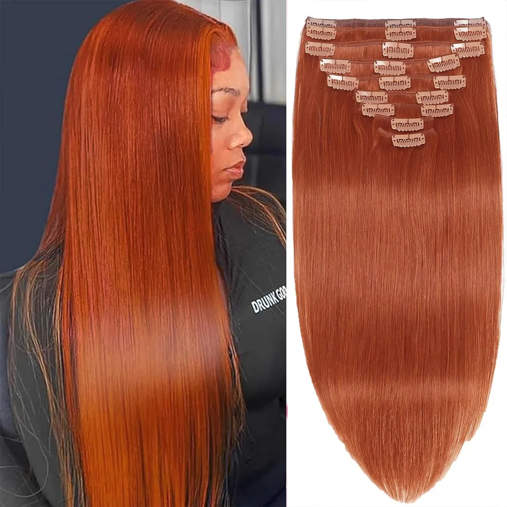 

20inch Clip in Hair Extensions Real Human Hair, 100g 8pcs Double Weft with 18clips Clip on Hair Extensions (#350 Copper)