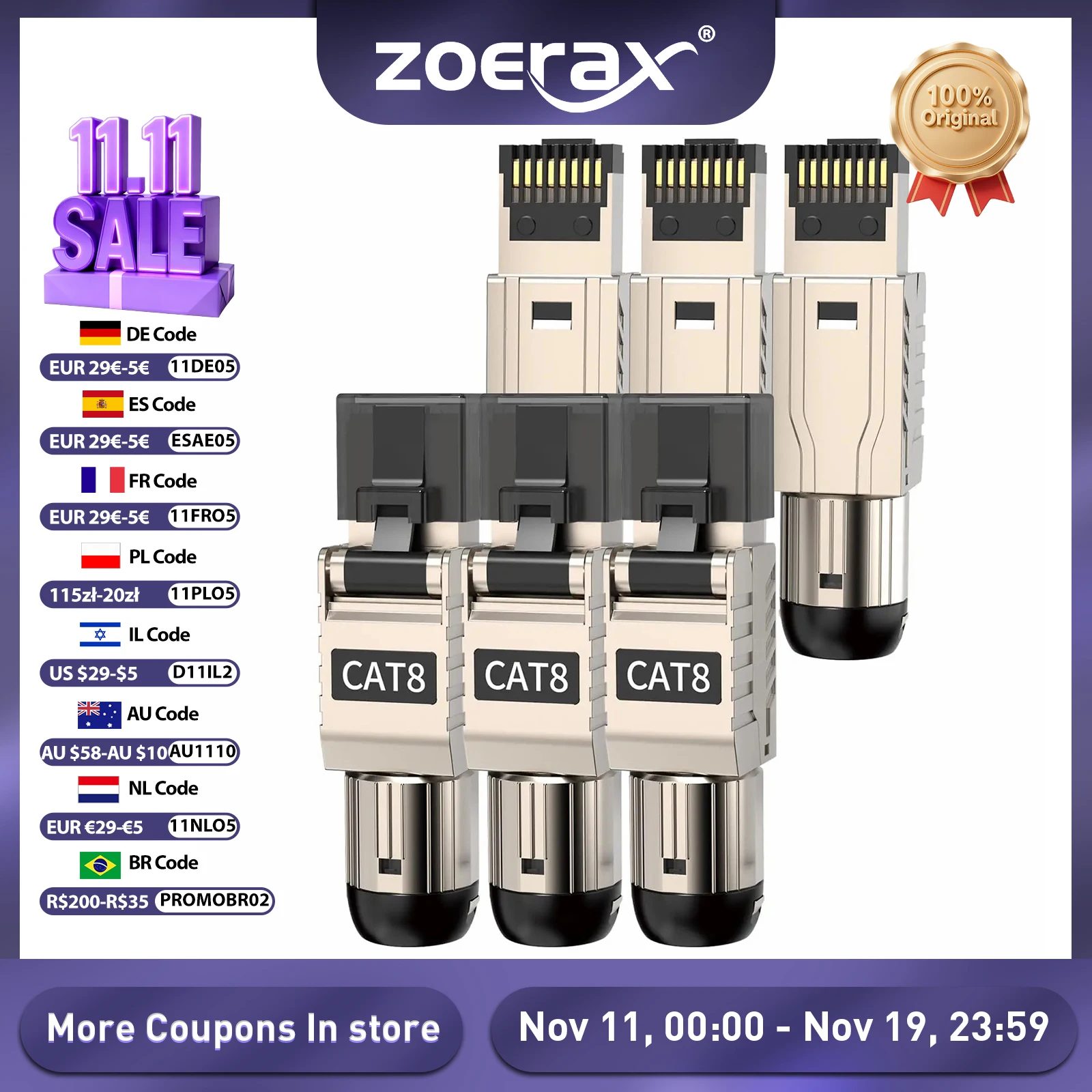 ZoeRax RJ45 Cat8 Cat7 Cat6A 커넥터 RJ45 금속 도구 무료 간편한 종단 플러그 2000MHz 40G LAN 케이블 22AWG - 24AWG