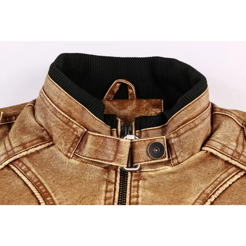 Jaket kulit lokomotif pria, mantel kulit longgar kasual banyak saku Retro