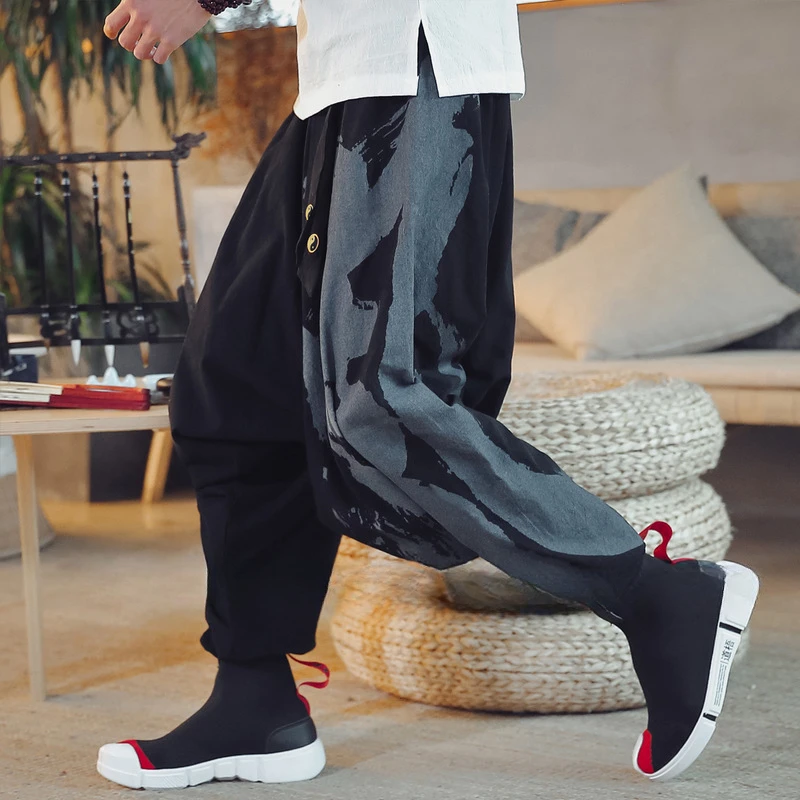 

Japanese Harajuku Style Wide Leg Harem Pants Men Chinese Homme Loose Trousers Ukiyo-e Crane Samurai Haori Bottoms Asian Clothes