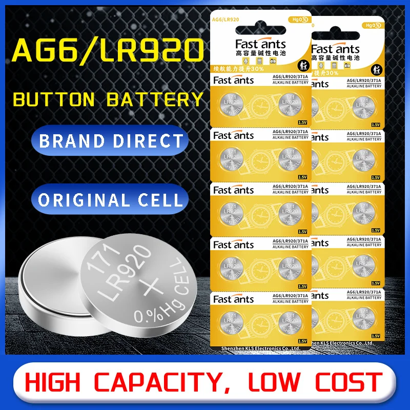 Pila alcalina de botón de 1.5V LR920 L921 LR69 AG6 370 371A 171 SR920SW para reloj, calculadora y dispositivos electrónicos (equivalente)