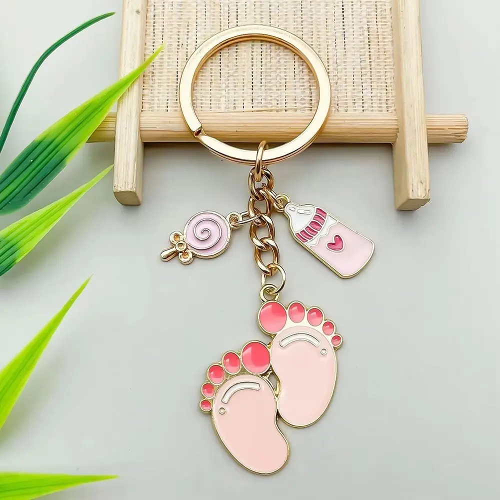 1 Pair Metal Alloy Baby Bottle Keychain Drip Oil Small Size Nursing Bottle Pendant Cartoon Key Ring Loop Baby Feet Keyring