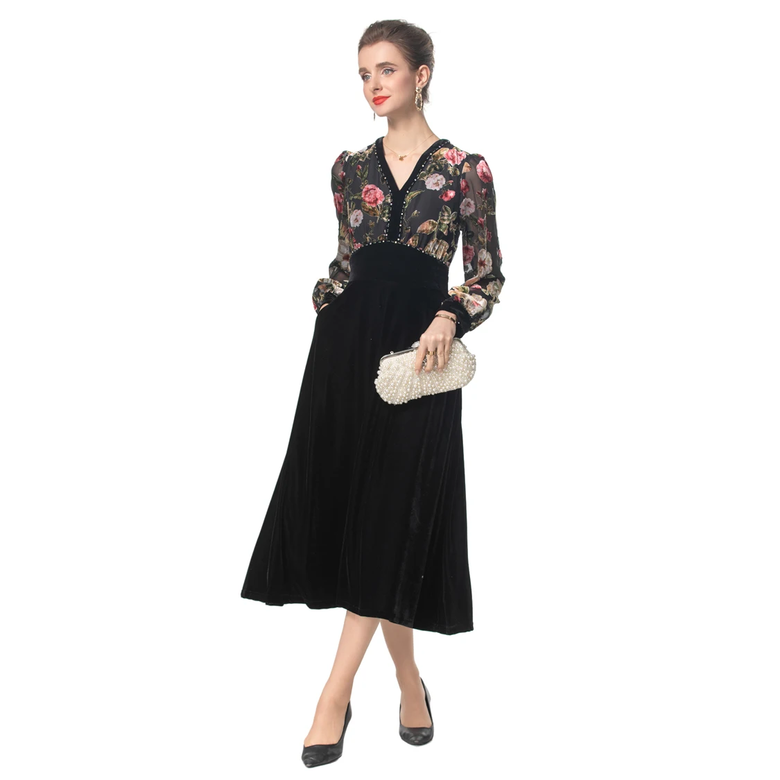 Women's Runway Dresses Sexy V Neck Long Sleeves Floral Printed Velvet Patchwork Elegant Fashion Designer Vestidos