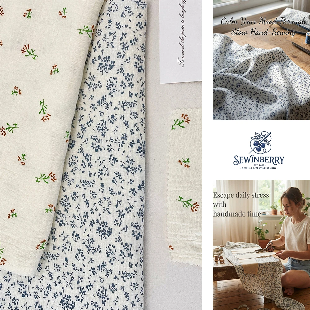 Pastoral Tiny Navy Floral Crinkled Cotton Fabric Stress-Relief DIY Sewing Material For Garment Patchwork Home Decor And Handmade