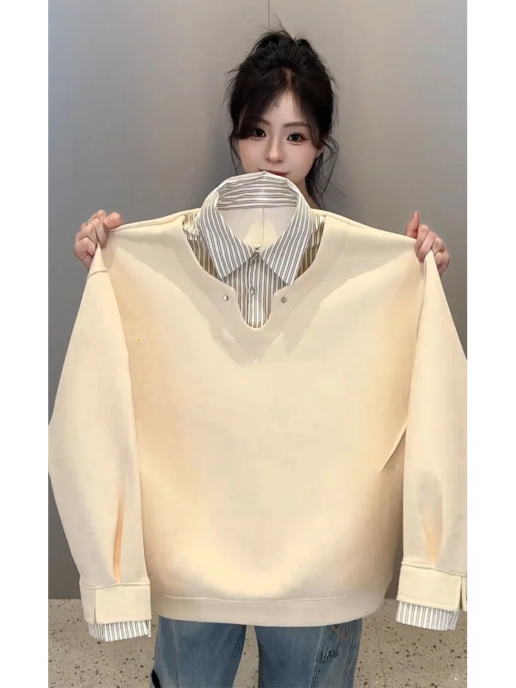 

Khaki irt Collar Long Sve Sweatirt Men's Spring American Retro Patchwork irt Inner Wear Base irt Fake Two-Piece