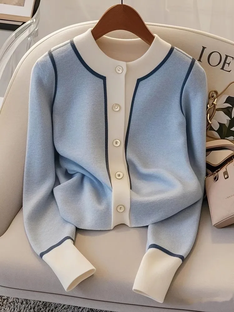 

Chic Blue Knitted Open Cardigan Autumn Winter New Arrival Women's Faion Korean Sle Lazy Feel High End Sensation Top