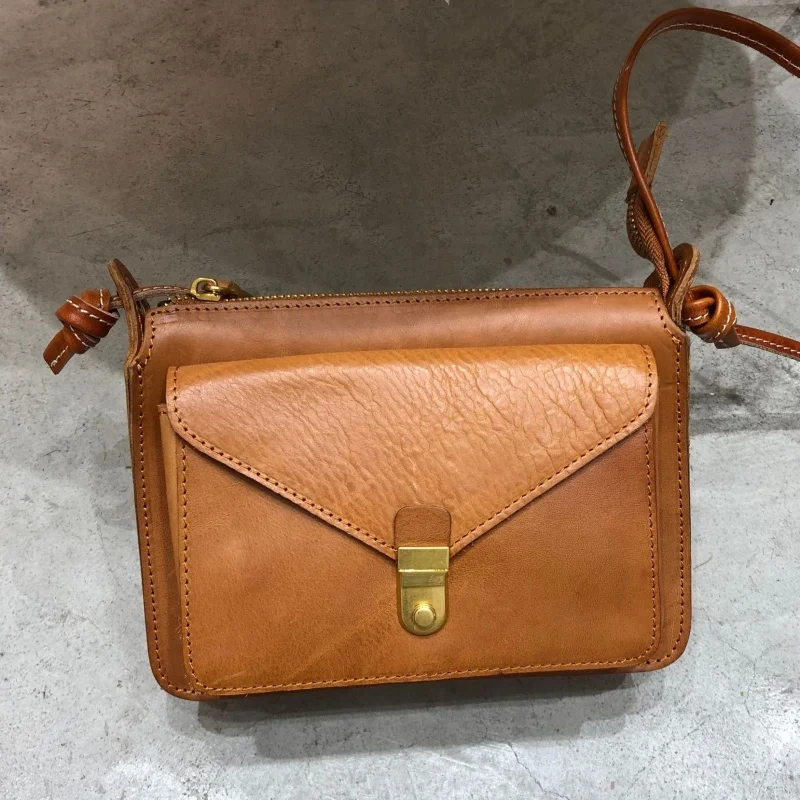 Natural Leather Crossbody Small Bags For Women Retro Distressed Handcrafted Natural Color Cowhide Shoulder Bag Handbags Flap Bag