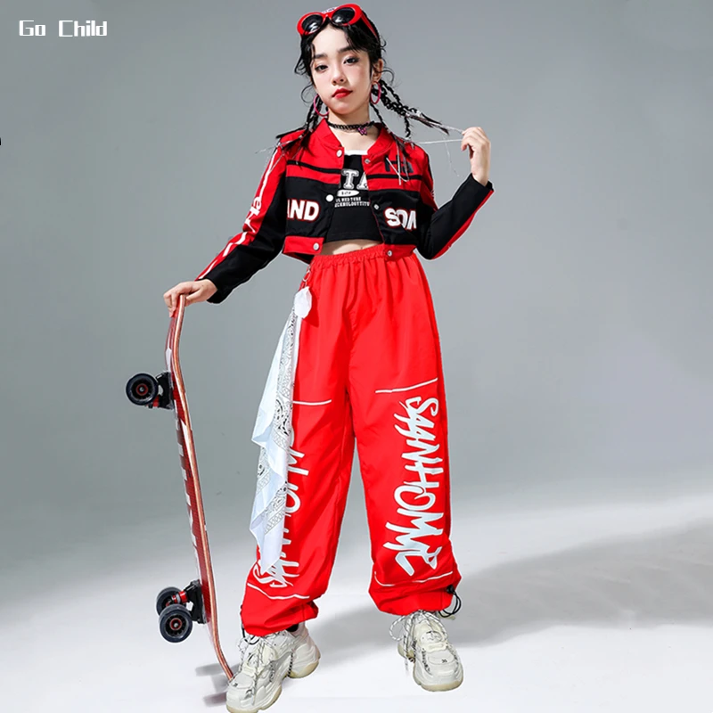 Girls Hip Hop Motorcycle Cropped Jacket Joggers Pants Child Coat Street Dance Skirts Clothes Sets Kids Streetwear Jazz Costumes