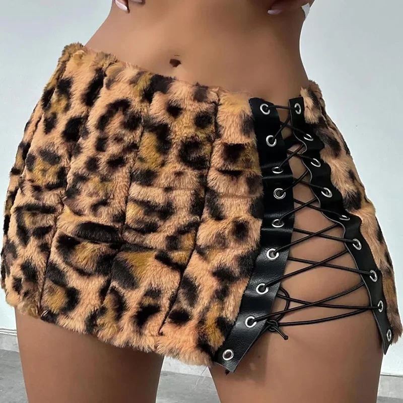 Sexy Women Leopard Furry Mini Skirts High Waist Side Lace-up Skirts Cosplay Party Lady Leather Patchwork Plush Bodycon Skirts