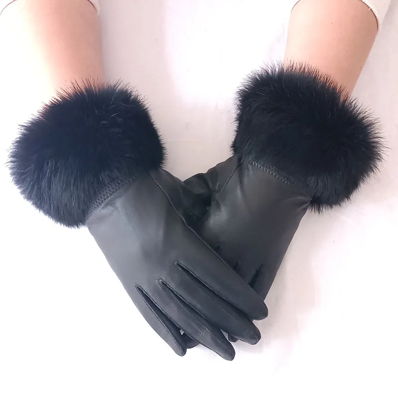 HSPL Genuine leather gloves female thickening leather gloves women's rabbit fur sheepskin thermal gloves