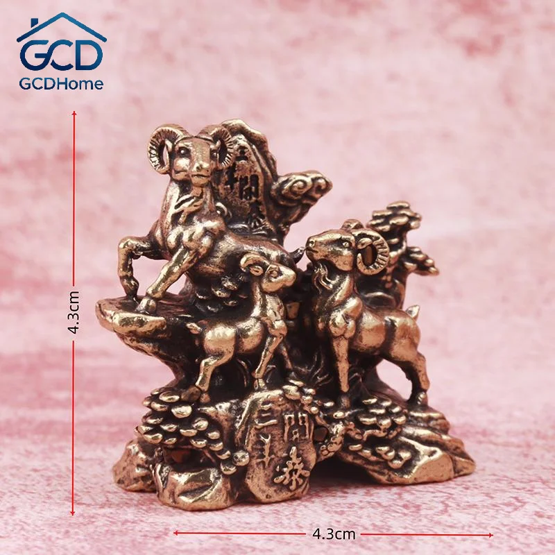 Antique Style Vintage Brass Three Goat Figurine Auspicious Ornament for Home Office Desktop Decoration