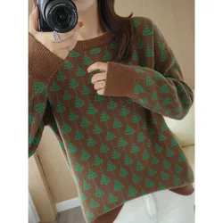 Autumn and Winter Fashion Trend Colored Jacquard Round Neck Loose and Versatile Western Style Slim Long Sleeve Women's Sweater