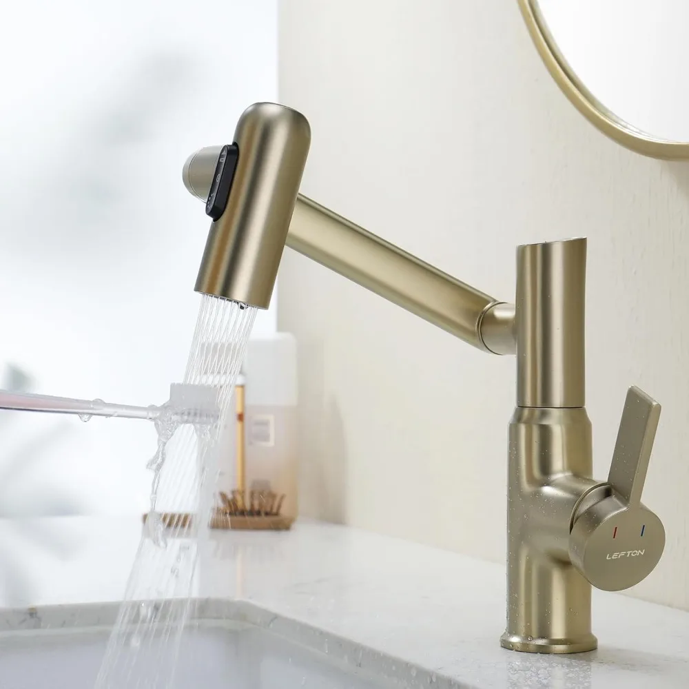 Rotatable Bathroom Faucet with Temperature Display, 3 Water Modes, Brushed Gold, Battery-Free, BF2204-6 Long Tail Keyword