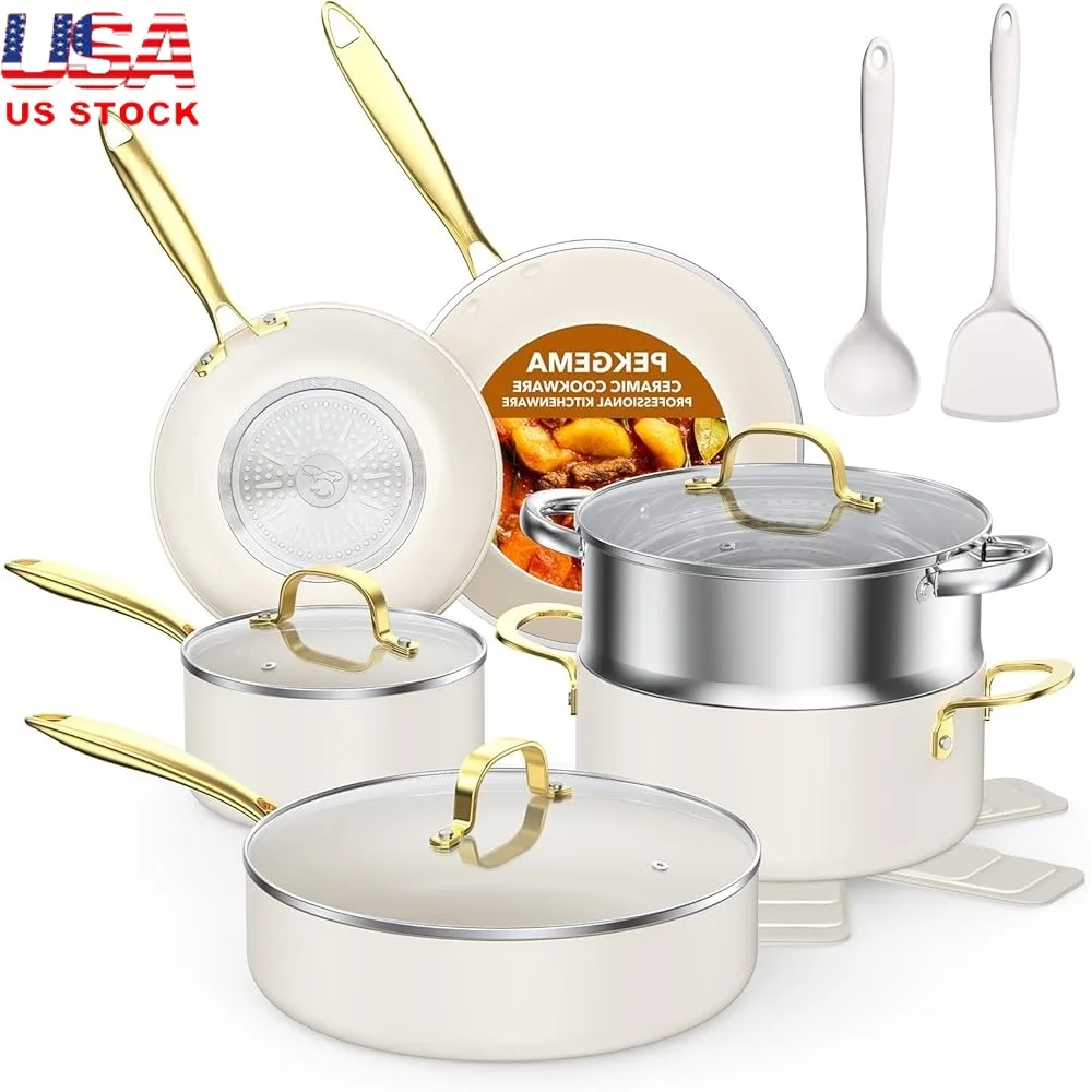 

Ceramic Cookware Set 15 Pieces Nonstick Kitchen Pots Pans Oven Safe Dishwasher Safe Durable Induction Ready Easy Clean Non Toxic
