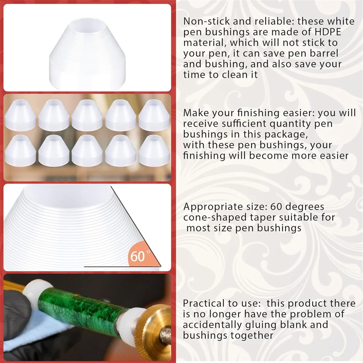 A002 10pcs Pen Bushings, Plastic Insulating Pen Bushings, 0.23in/6mm Non-Stick Bushing for CA Finishing Pen Turning- White